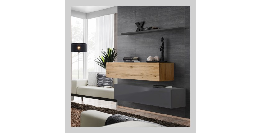 Ensemble meubles de salon SWITCH SBII design, coloris gris brillant et chêne Wotan.