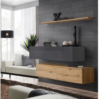 Ensemble meubles de salon SWITCH SBII design, coloris chêne Wotan et gris brillant.