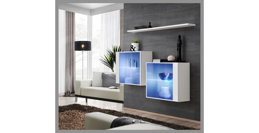 Ensemble meubles de salon SWITCH SBIII design, coloris blanc brillant et porte vitrée avec système LED intégré.