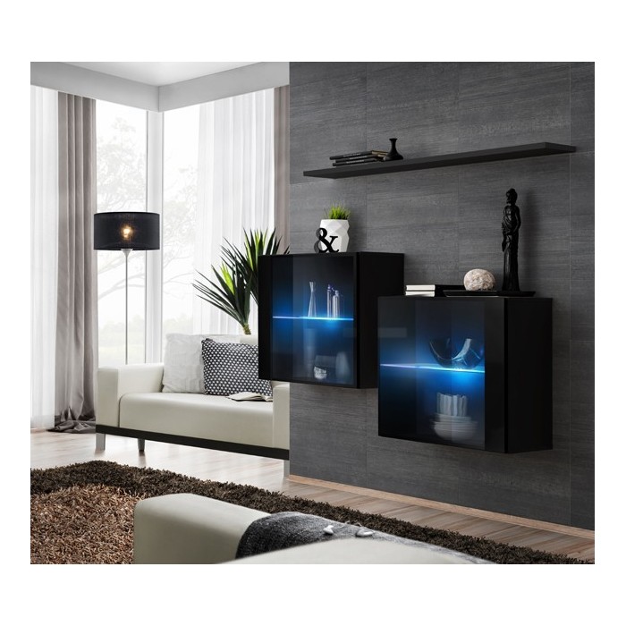 Ensemble meubles de salon SWITCH SBIII design, coloris noir brillant et porte vitrée avec système LED intégré.