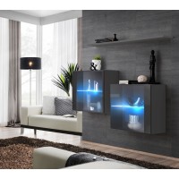 Ensemble meubles de salon SWITCH SBIII design, coloris gris brillant et porte vitrée avec système LED intégré.