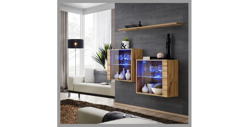 Ensemble meubles de salon SWITCH SBIII design, coloris chêne Wotan et porte vitrée avec système LED intégré.