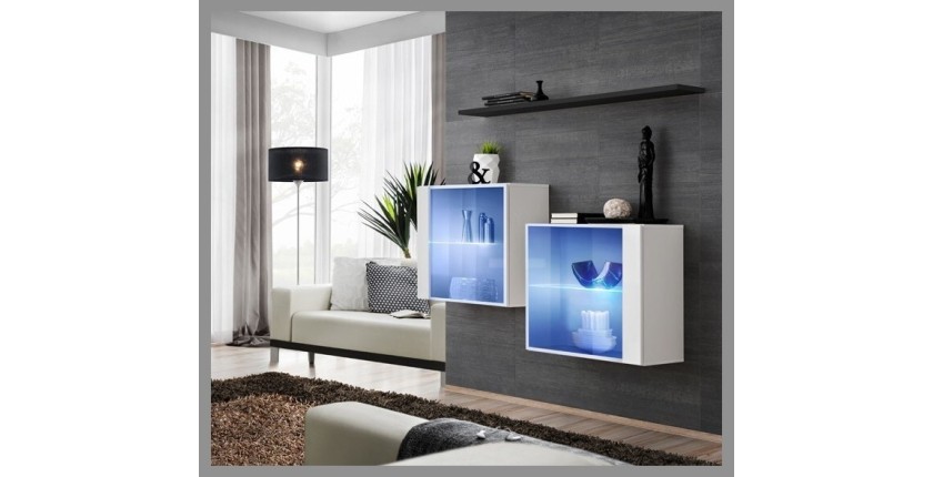 Ensemble meubles de salon SWITCH SBIII design, coloris blanc brillant et porte vitrée avec système LED intégré, étagère noire.