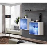 Ensemble meubles de salon SWITCH SBIII design, coloris blanc brillant et porte vitrée avec système LED intégré, étagère grise.