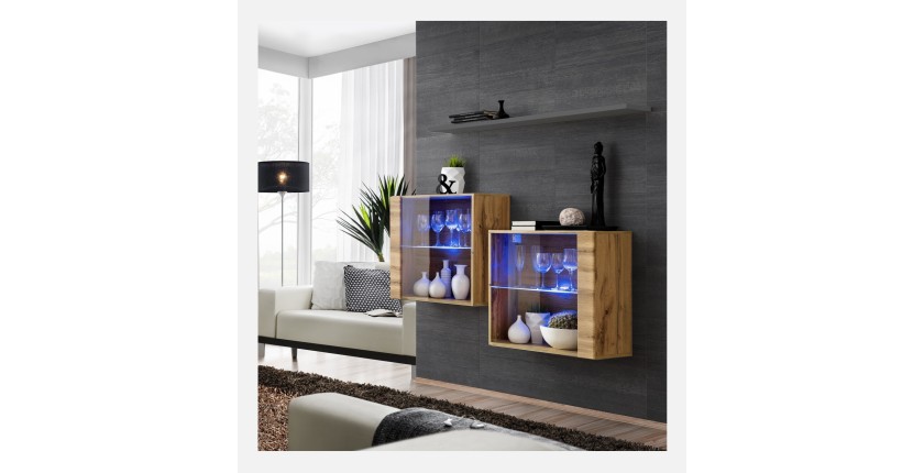 Ensemble meubles de salon SWITCH SBIII, coloris chêne Wotan et porte vitrée avec système LED intégré, étagère grise.