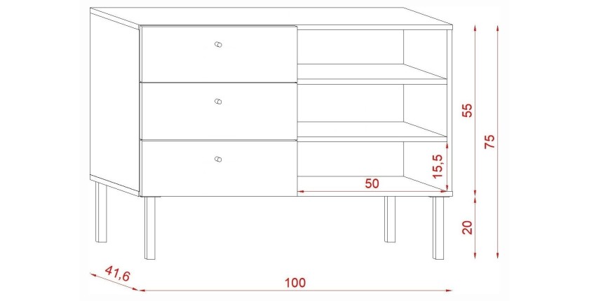 Commode moderne RULIA, 100cm, 3 tiroirs et 3 niches, coloris chêne et noir mat