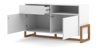 Commode design GEILO, 140 cm, 1 tiroir et 2 portes, coloris blanc mat et hêtre