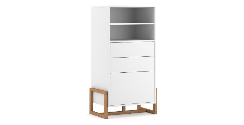 Vaisselier design GEILO 2 tiroirs, 1 porte et 2 niches, coloris blanc mat et hêtre