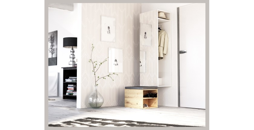 Ensemble d'entrée design SMART : meuble à chaussure et penderie avec miroir, coloris blanc mat et chêne naturel