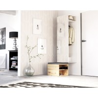 Ensemble d'entrée design SMART : meuble à chaussure et penderie avec miroir, coloris blanc mat et chêne naturel