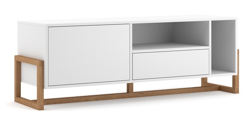 Meuble TV design GEILO, 140cm, 2 portes, coloris blanc mat et hêtre.