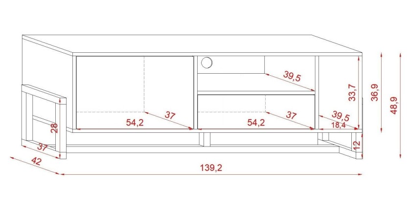 Meuble TV design GEILO, 140cm, 2 portes, coloris blanc mat et hêtre.