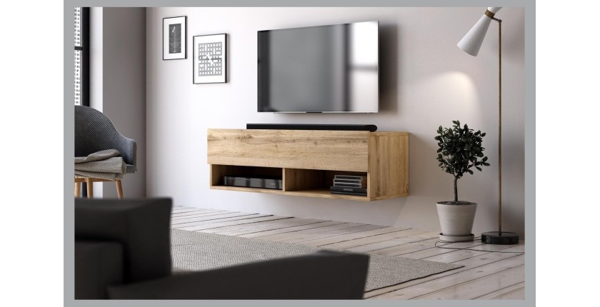 Meuble TV suspendu design CLUJ, 100 cm, 1 porte et 2 niches, coloris chêne wotan.