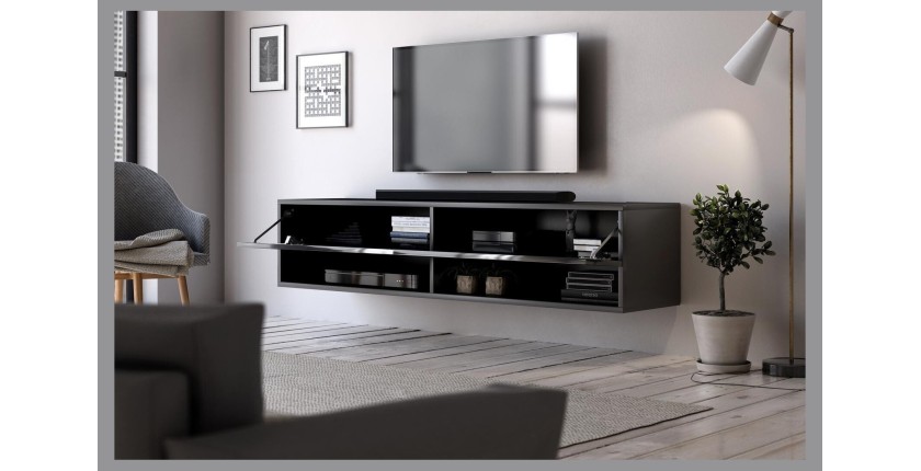 Meuble TV suspendu design CLUJ, 140 cm, 1 porte et 2 niches, coloris noir et noir brillant.