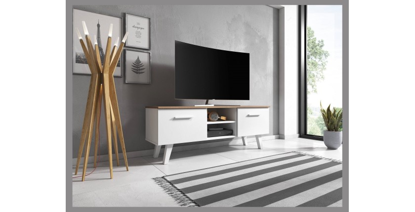 Meuble TV design EST, 140cm, 2 portes et 2 niches, coloris blanc et chêne.