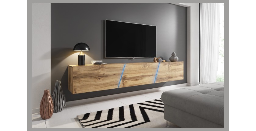 Meuble TV design SPEED, 240 cm, 1 porte et 3 espaces de rangement, coloris chêne + LED