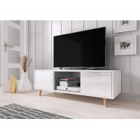 Meuble TV design EDEN 140 cm, 2 portes et 2 niches, coloris blanc. Type scandinave.