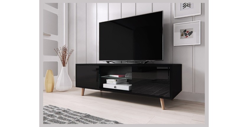 Meuble TV design EDEN 140 cm, 2 portes et 2 niches, coloris noir. Type scandinave.