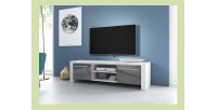 Meuble TV design MANHATTAN 140 cm à 2 portes et 2 niches coloris blanc et gris