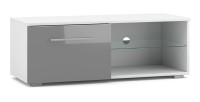 Meuble TV design LEON II 100 cm, 1 porte et 2 niches, coloris blanc et gris brillant