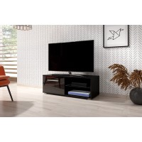Meuble TV design LEON II 100 cm, 1 porte et 2 niches, coloris noir et noir brillant