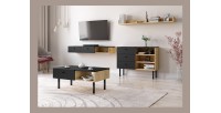 Table basse moderne RULIA 1 tiroir et 1 niche, coloris chêne et noir mat