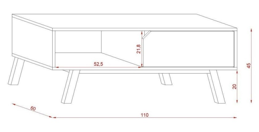Table basse design AOMORI 1 tiroir et 1 niche, coloris chêne et blanc mat