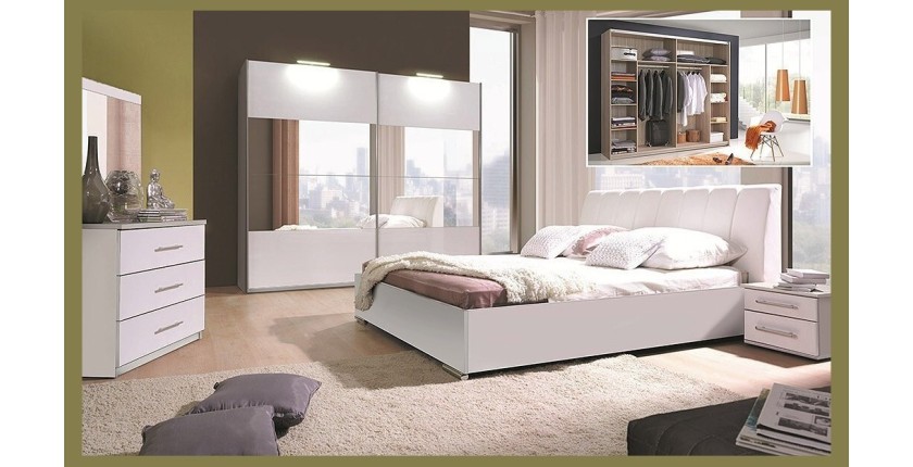 Ensemble VERONA blanc brillant lit design en simili cuir blanc 180 x 200 cm avec option coffre , 2 chevets et 1 armoire.