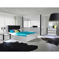 Lit double 160 cm avec option coffre LINA. Coloris blanc et noir brillant avec une finition en simili cuir. Sommier inclus