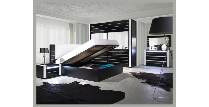 Lit double 160 cm avec option coffre LINA. Coloris noir et blanc brillant avec une finition en simili cuir. Sommier inclus