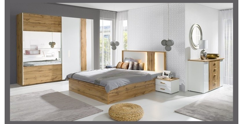 Lit adulte design WOOD 180 x 200 cm + option coffre + LED dans la tête de lit. Meuble design, idéal pour votre chambre.