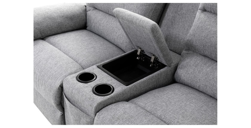 Canapé d'angle de relaxation KENZA 3 places en tissu gris avec accoudoir modulable et amovible + coffre
