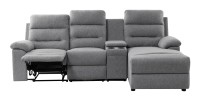 Canapé d'angle de relaxation KENZA 3 places en tissu gris avec accoudoir modulable et amovible + coffre