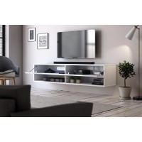 Meuble TV suspendu design CLUJ, 140 cm, 1 porte et 2 niches, coloris blanc et blanc brillant.