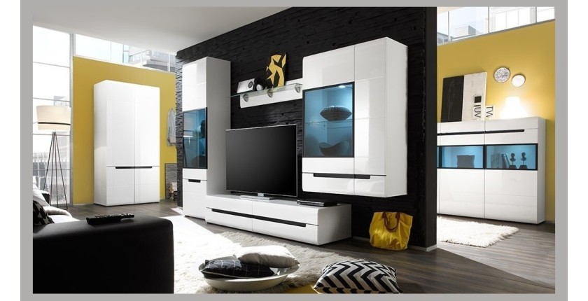 Meuble TV 180cm Collection LUCIA. 2 tiroirs, coloris blanc, façades brillantes. Style design.