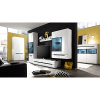 Meuble TV 180cm Collection LUCIA. 2 tiroirs, coloris blanc, façades brillantes. Style design.