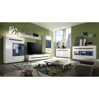 Meuble TV 180cm Collection LUCIA. 2 tiroirs, coloris blanc, façades brillantes. Style design.