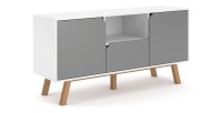 Meuble TV design AOMORI, 140cm, 2 portes, 1 tiroir et 1 niche, coloris gris et blanc.