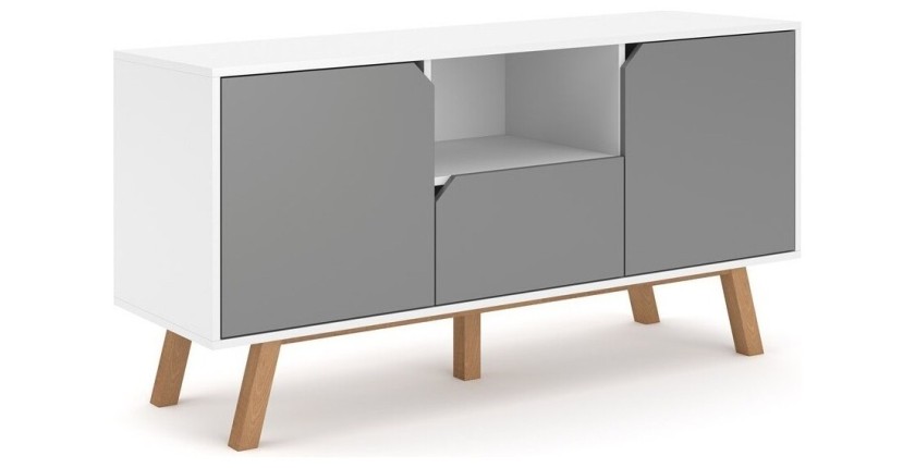 Meuble TV design AOMORI, 140cm, 2 portes, 1 tiroir et 1 niche, coloris gris et blanc.