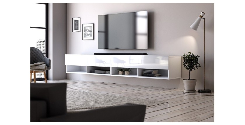 Meuble TV suspendu design CLUJ, 200 cm, 2 portes et 4 niches, coloris blanc et blanc brillant.
