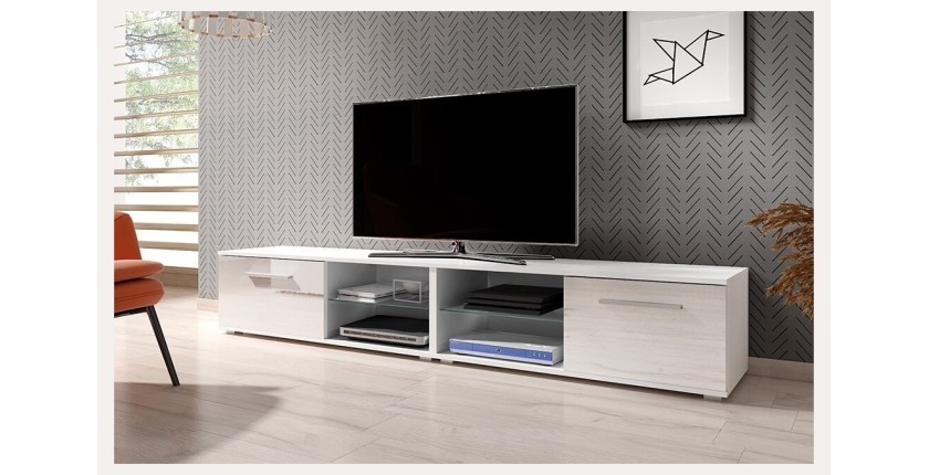Meuble TV design LEON II XXL, 2 mètres, 2 portes et 4 niches, coloris blanc et blanc brillant