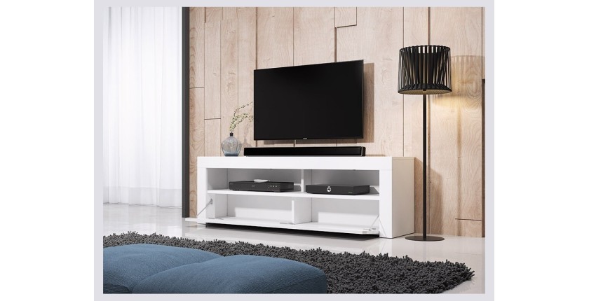 Meuble TV design MEXICO 160 cm, 1 porte et 1 niche, coloris noir mat et noir brillant