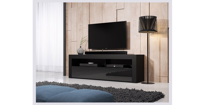 Meuble TV design MEXICO 160 cm, 1 porte et 1 niche, coloris noir mat et noir brillant
