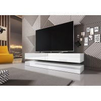 Meuble TV design suspendu FLY 140 cm à 2 tiroirs, coloris blanc mat et blanc brillant