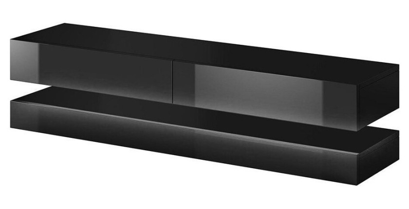 Meuble TV design suspendu FLY 140 cm à 2 tiroirs, coloris noir mat et noir brillant