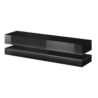 Meuble TV design suspendu FLY 140 cm à 2 tiroirs, coloris noir mat et noir brillant