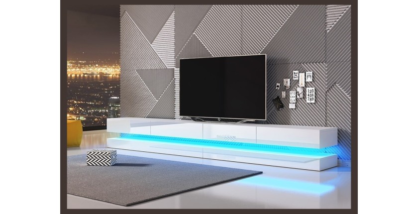 Meuble TV design suspendu FLY DOUBLE 280 cm à 4 tiroirs, coloris blanc + LED