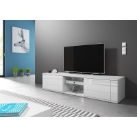 Meuble TV design PARIS-HIT 140 cm, 2 portes et 2 niches, coloris blanc mat et blanc brillant