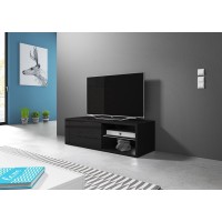 Meuble TV design BREST-HIT 100 cm, 1 porte et 2 niches, coloris noir mat et noir brillant