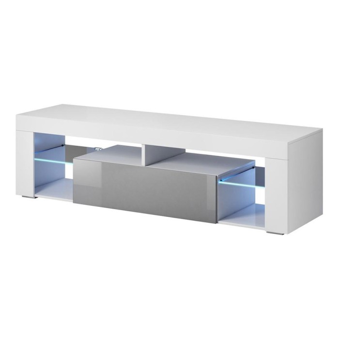 Meuble TV design MONTBLANC 140 cm, 1 porte et 2 niches, coloris blanc et gris + LED.